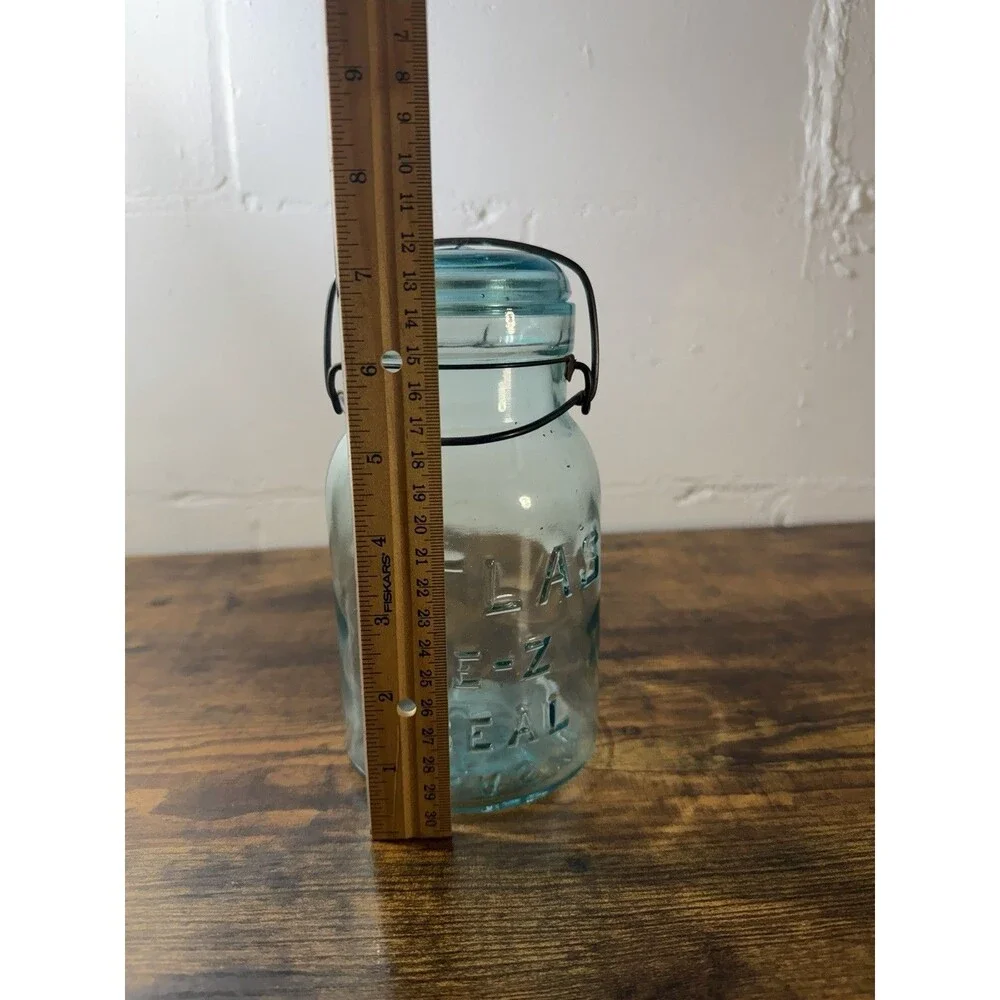 Antique Atlas E-Z Seal Aqua Blue Glass Canning Jar Wire Bail Glass Lid